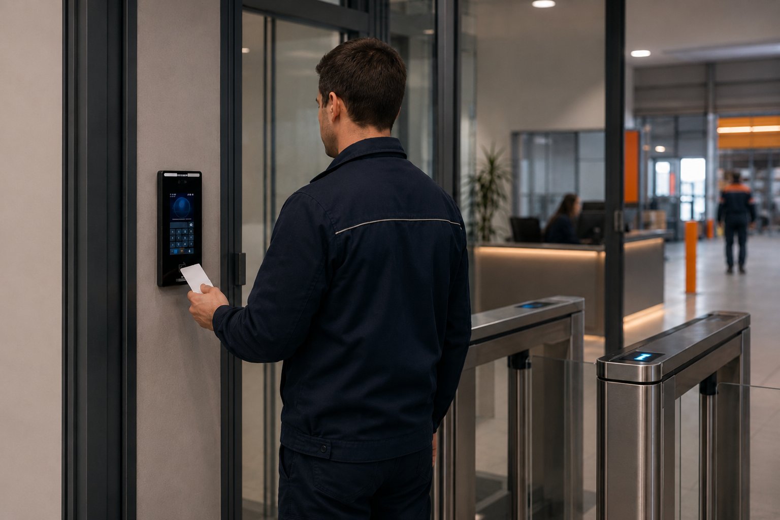 Сотрудник проходит через входную группу по RFID-карте