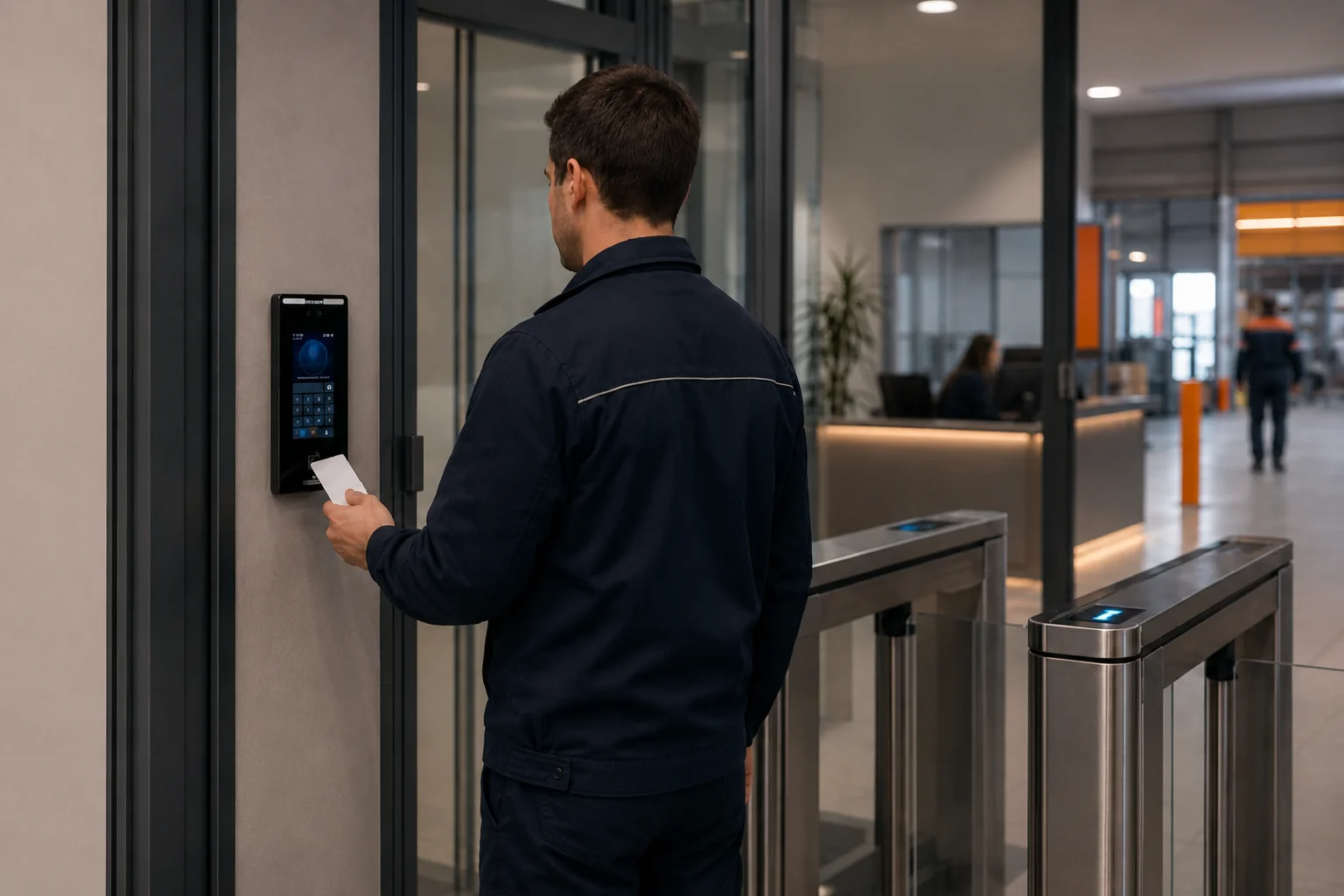 Сотрудник проходит через входную группу по RFID-карте